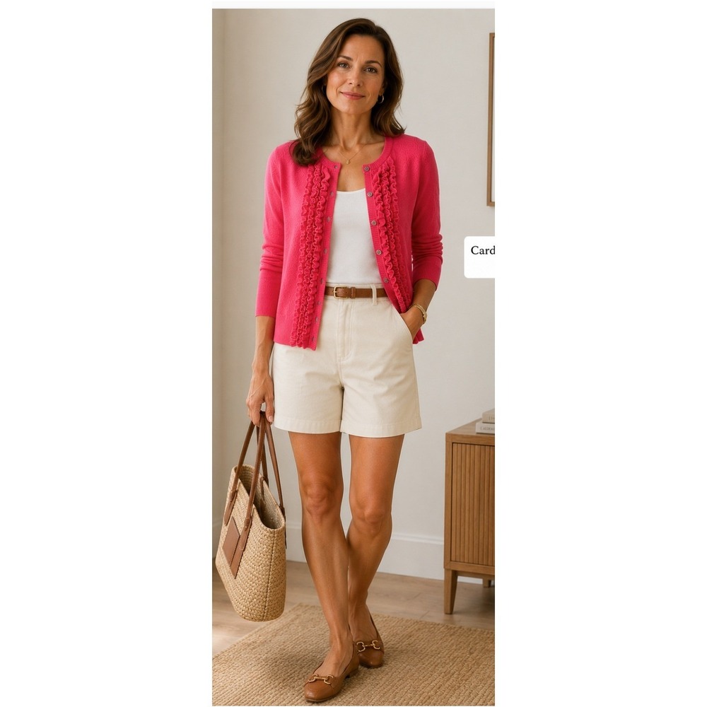 Oats Cashmere Pink Ruffle Front Cardigan Sweater Crew Neck Button Up Small